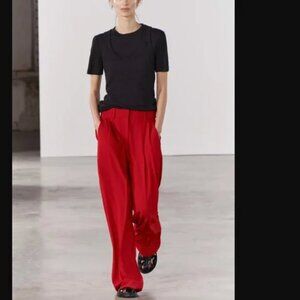 NWT ZARA PLEATED TABBED MENSWEAR STYLE PANTS ZW COLLECTION BRIGHT RED